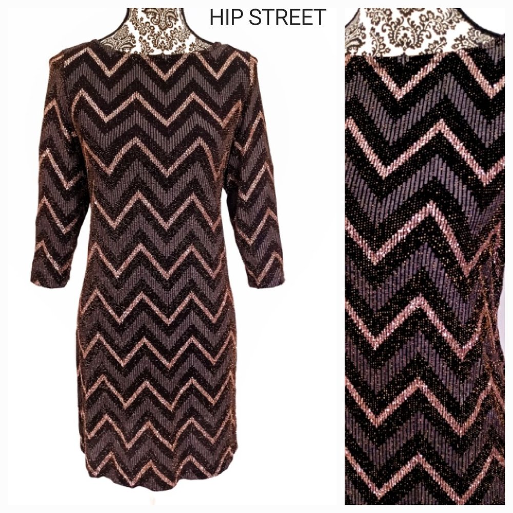 STUDIO ONE Metallic Gold Chevron Stretch Knit Shift Party Dress 4
